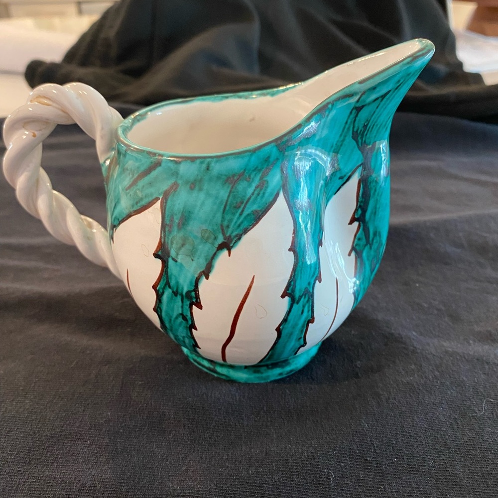 Handcrafted Ceramic Pitcher with Green Leaf Design Made in Italy